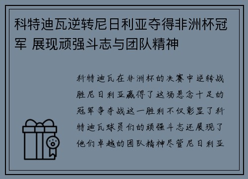 科特迪瓦逆转尼日利亚夺得非洲杯冠军 展现顽强斗志与团队精神 科特迪瓦逆转尼日利亚夺得非洲杯冠军 展现顽强斗志与团队精神